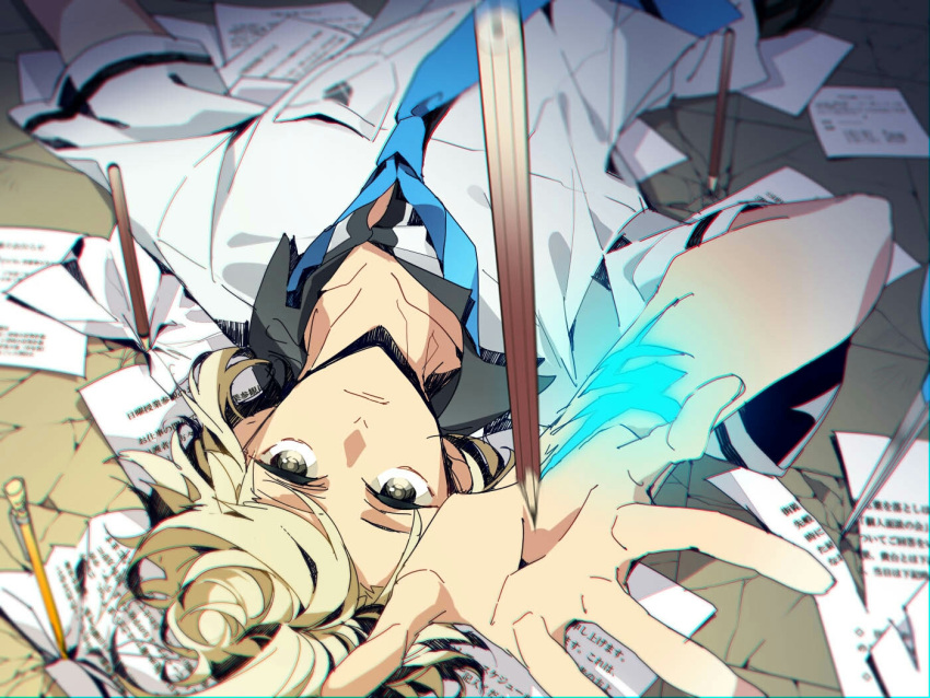 1boy, 846kazuya, agata_katsuhira, blonde_hair, kiznaiver, looking_at_viewer, lying, male_focus