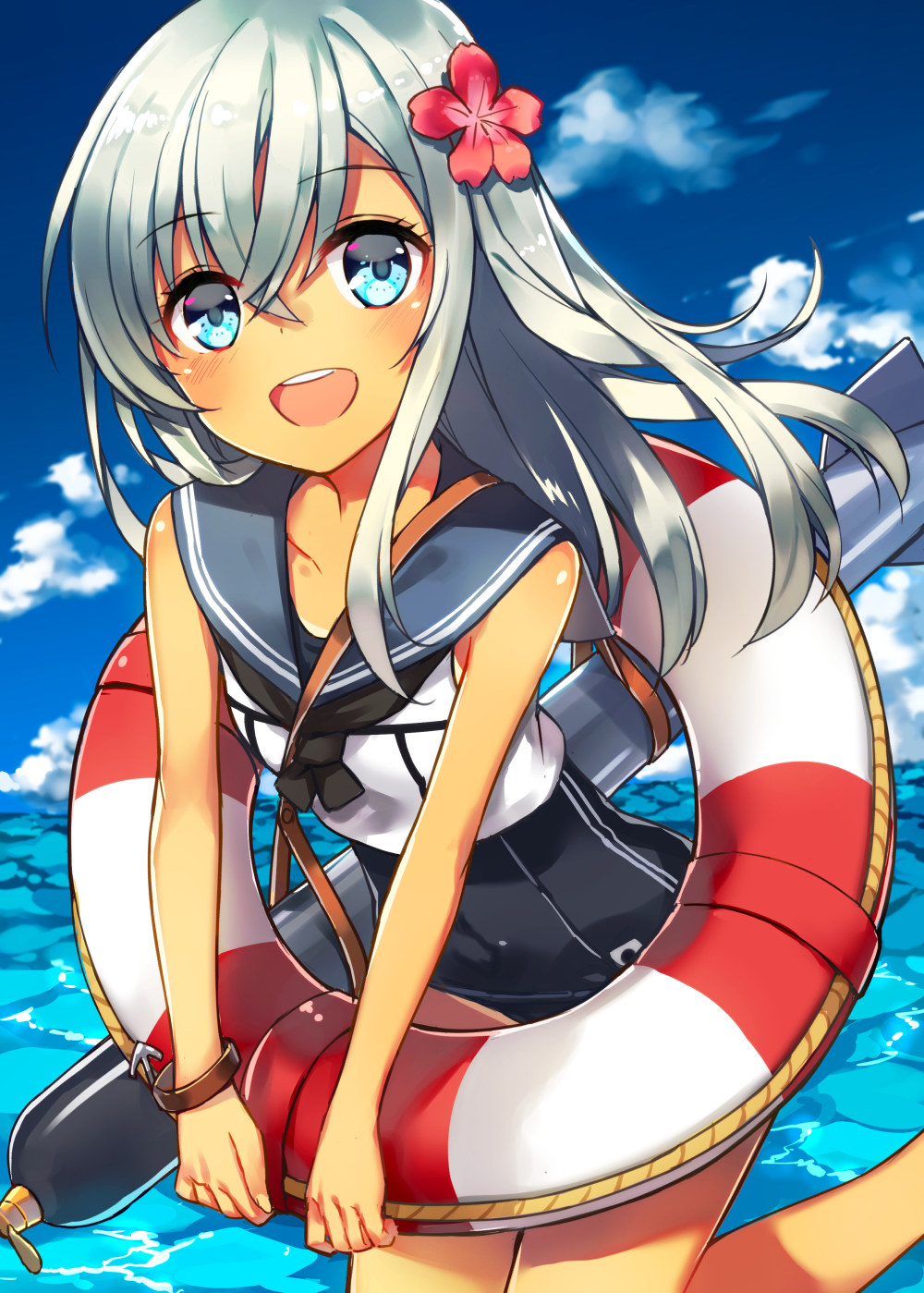 1girl, highres, kantai_collection, lifebuoy, looking_at_viewer, moriki, one-piece_swimsuit, open_mouth