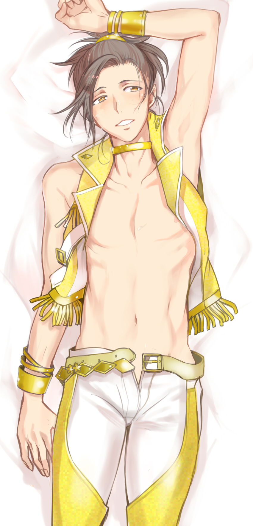 1boy, alternate_costume, bed_sheet, bracelet, brown_eyes, brown_hair, dakimakura, highres