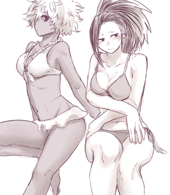 2girls, ashido_mina, bare_shoulders, bikini, black_sclera, blush, boku_no_hero_academia, collarbone, crossed_arms, embarrassed, frilled_bikini, frills, invisible_chair, long_hair, looking_away, midriff, monochrome, multiple_girls, navel, ponytail, short_hair, side-tie_bikini, sitting, swimsuit, yagiushi_(sinnpatilove), yaoyorozu_momo