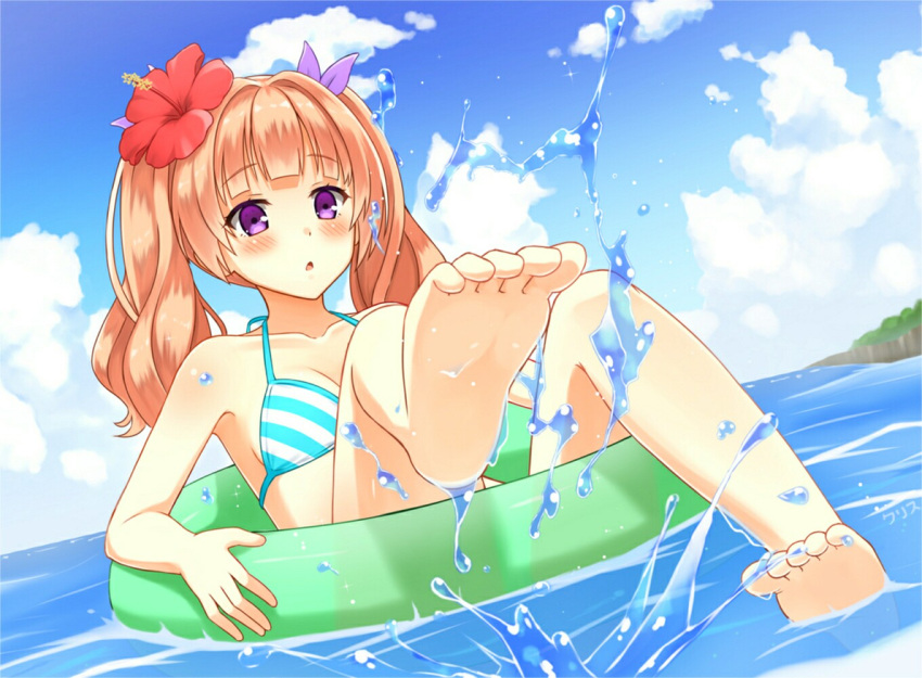 1girl, barefoot, bikini, blush, feet, floatation_devices, flower, hair_flower, hair_ornament, kurisu-kun, open_mouth, orange_hair, original, risa_(kurisu-kun), soles, solo, splashing, swimsuit, twintails, violet_eyes, water