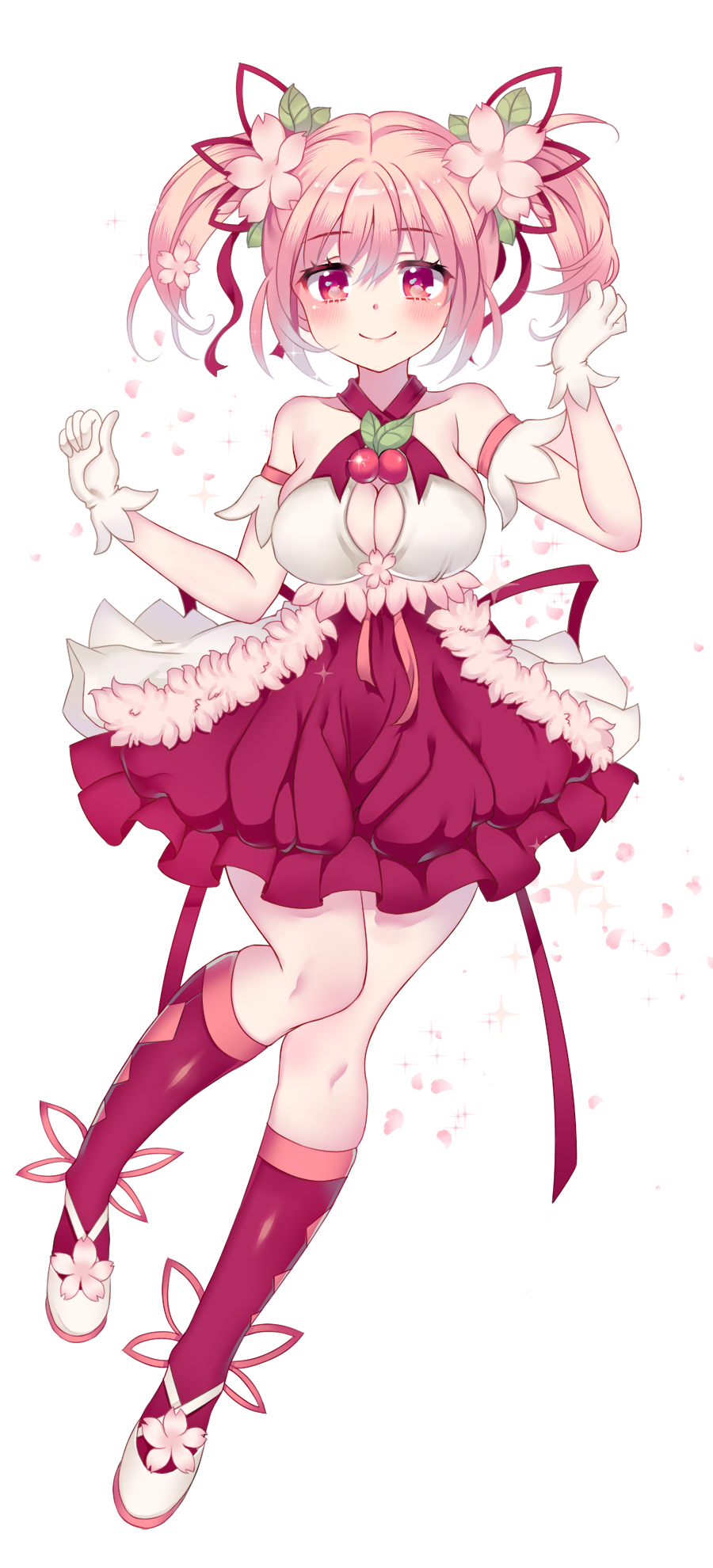 1girl, aisha_(elsword), alternate_color, alternate_eye_color, alternate_hair_color, argyle, argyle_legwear, armlet, bare_shoulders, battle_magician_(elsword), blanket_(kkbjah), breasts, cherry, cleavage, closed_mouth, collarbone, criss-cross_halter, dress, elsword, eyebrows, eyebrows_visible_through_hair, flower, food, fruit, full_body, glint, gloves, hair_flower, hair_ornament, hair_ribbon, halter_top, halterneck, highres, kneehighs, large_breasts, leaf_hair_ornament, looking_at_viewer, petals, pink_dress, pink_eyes, pink_flower, pink_hair, red_legwear, red_ribbon, ribbon, shoes, simple_background, sleeveless, sleeveless_dress, smile, solo, two_side_up, white_background, white_gloves, white_shoes