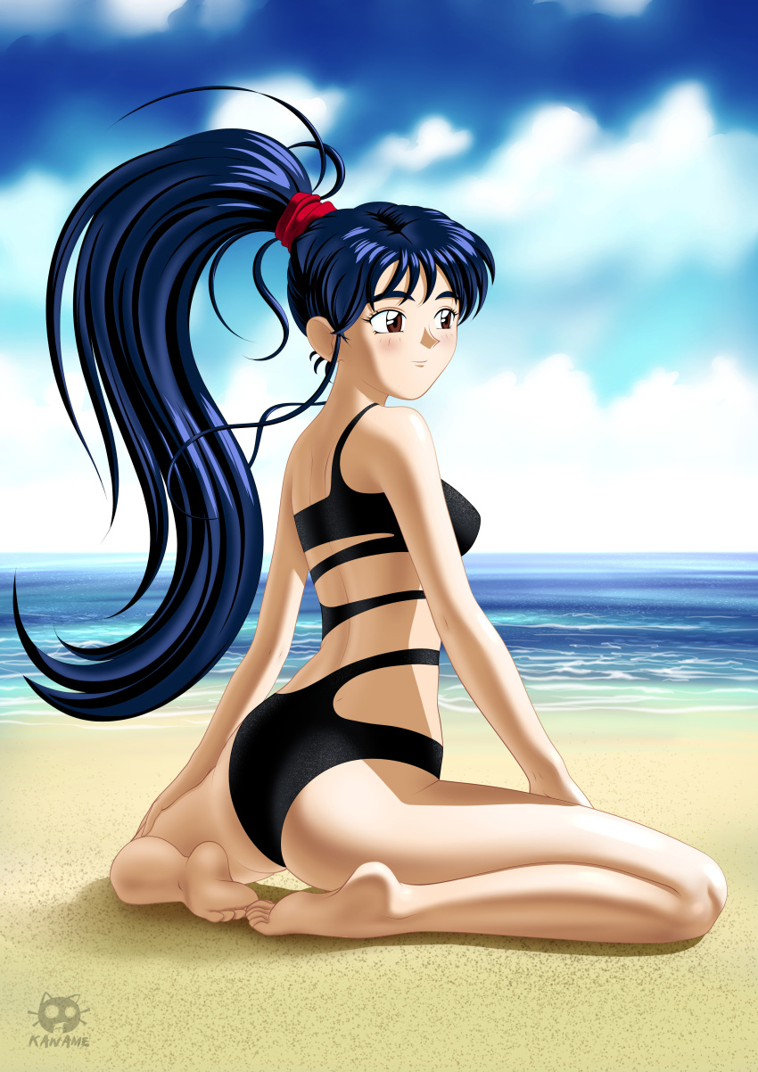1girl, absurdres, beach, black_hair, blush, brown_eyes, clouds, high_ponytail