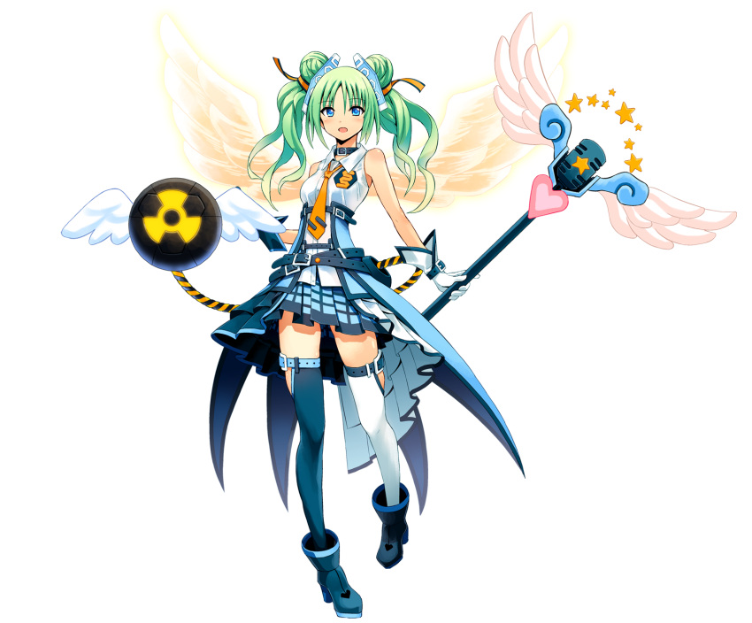 1girl, angel_wings, belt, blue_eyes, bomb, c.s., cosmic_break, double_bun, green_hair, highres, idol, microphone, necktie, official_art, pleated_skirt, radiation_symbol, skirt, solo, thigh-highs, twintails, wings