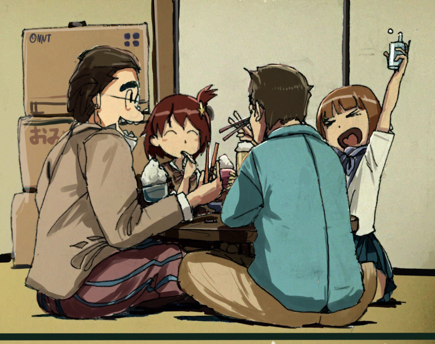 2boys, 2girls, chopsticks, commentary_request, company_connection, father_and_daughter, highres, keiji_(uchuu_patrol_luluco)