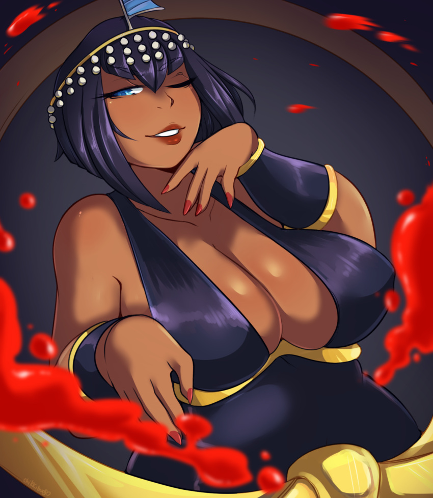 1girl, bare_shoulders, black_hair, blood, breasts, dark_skin, eliza_(skullgirls), highres, huge_breasts, kimmi, lips, looking_at_viewer, nail_polish, one_eye_closed, short_hair, skullgirls, solo