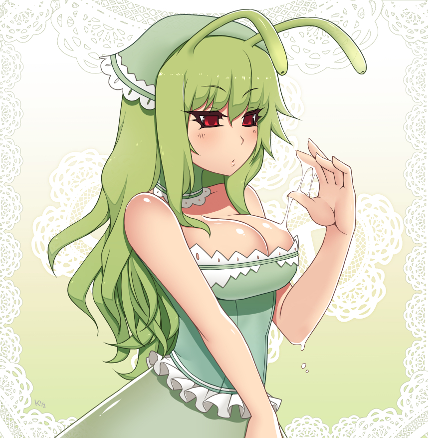 1girl, :o, antennae, bare_arms, bare_shoulders, blush, breasts, choker