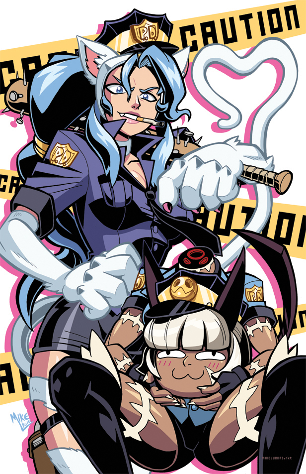 2girls, :3, alternate_costume, animal_ears, artist_name, baseball_bat, blue_hair, blush