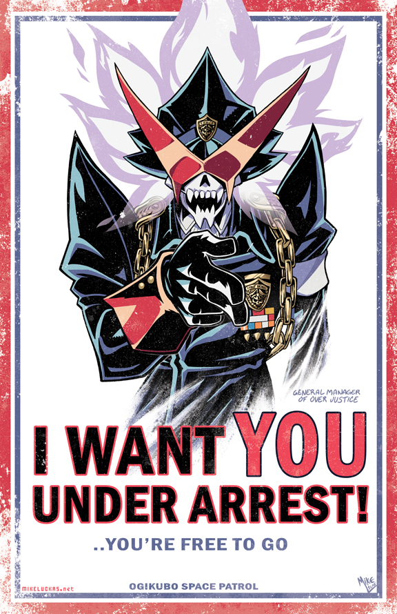 armband, artist_name, chain, commentary, english, fangs, gloves, hat, i_want_you, medal, mike_luckas, military, military_hat, military_uniform, over_justice, parody, pointing, pointing_at_viewer, poster, propaganda, shiny, skull, solo, sunglasses, trigger_(company), uchuu_patrol_luluco, uniform