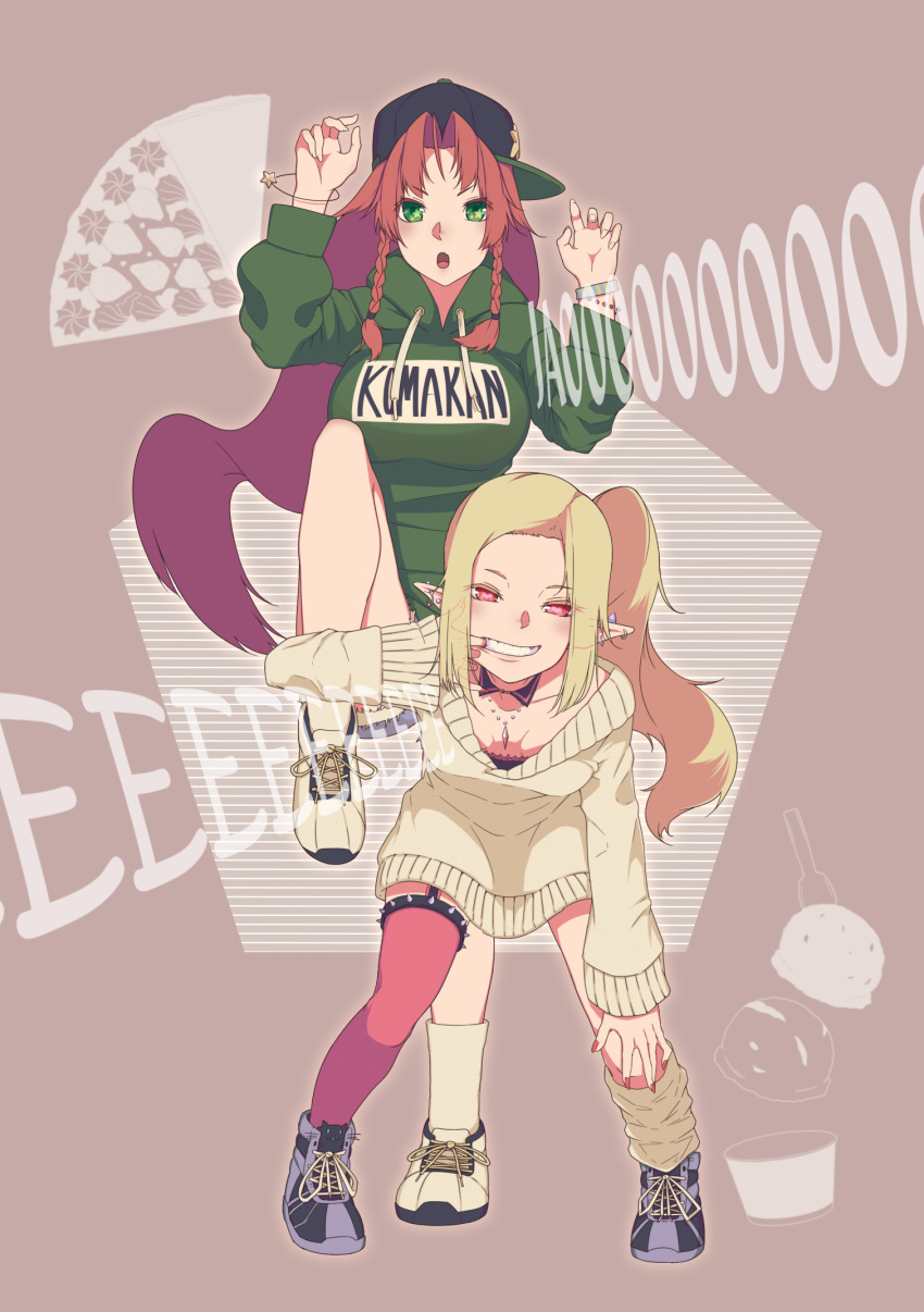 2girls, alternate_costume, alternate_headwear, asymmetrical_legwear, baseball_cap, bent_over, blonde_hair, blush