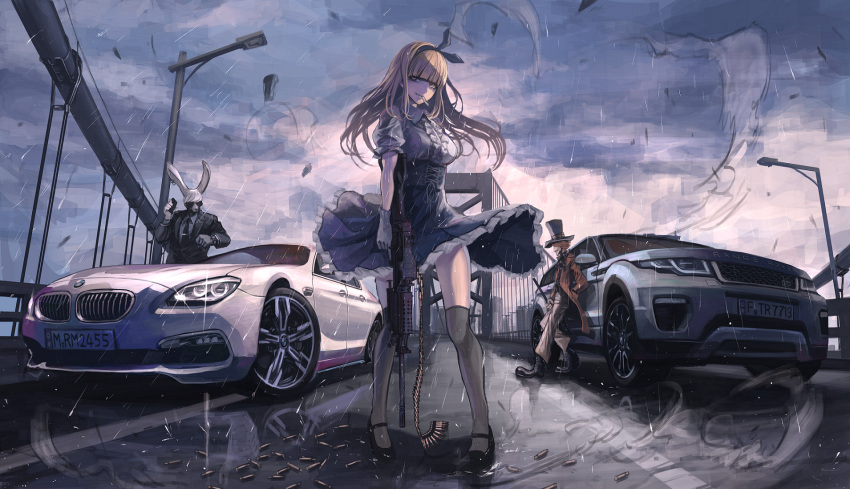 1girl, 2boys, alice_(wonderland), alice_in_wonderland, animal_ears, black_legwear, blonde_hair, bmw