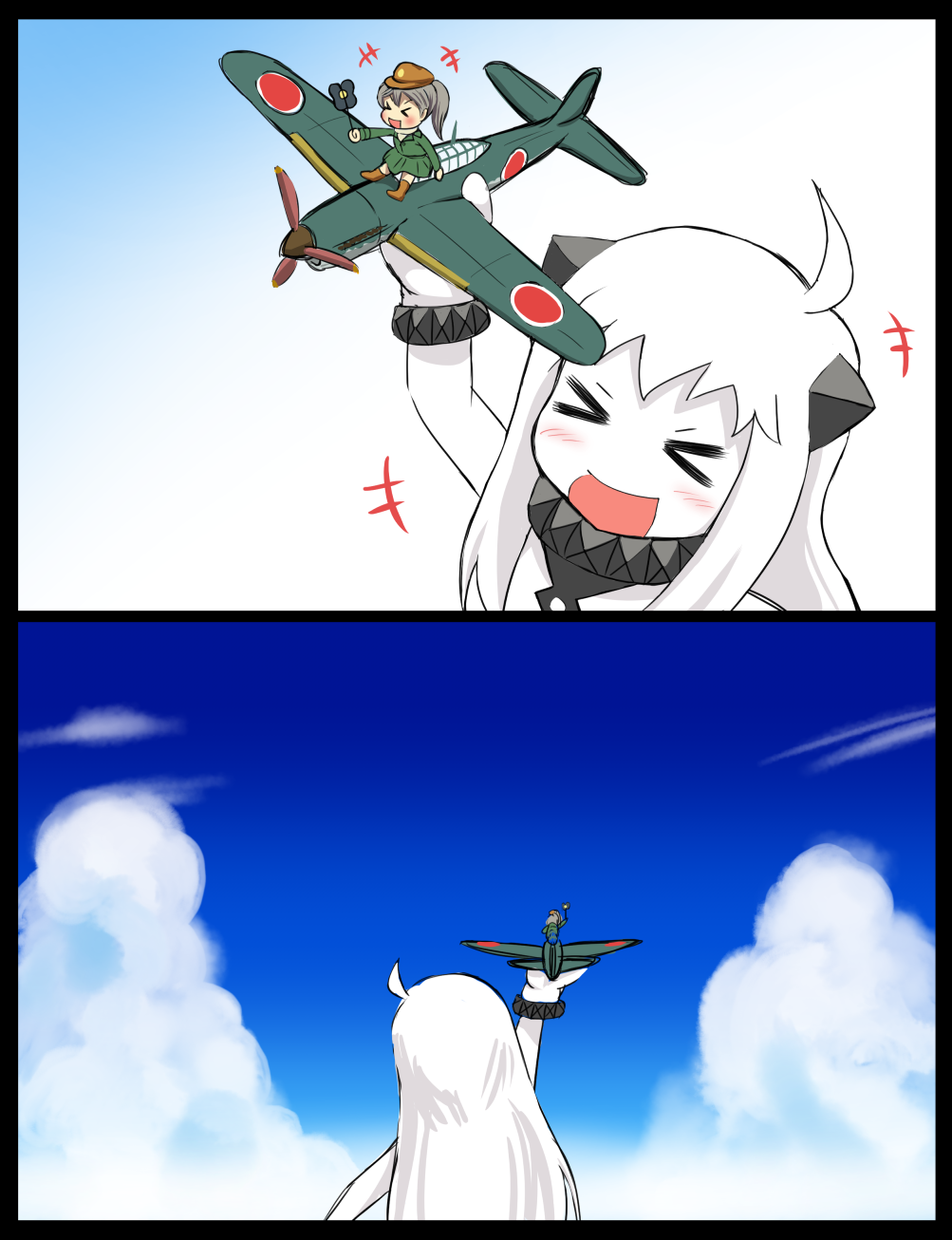 >_<, +++, 2girls, :d, ahoge, airplane, closed_eyes, comic