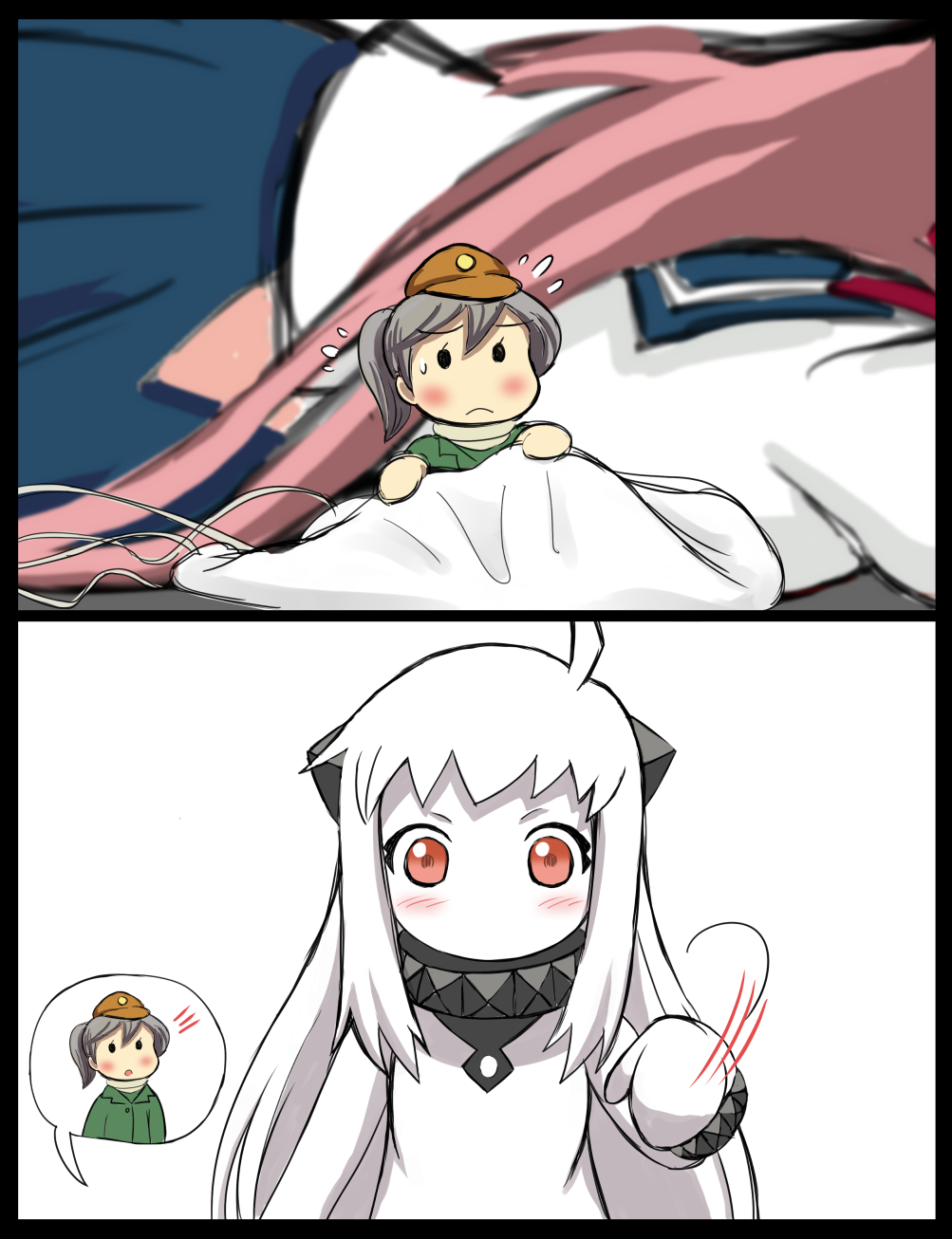 3girls, ahoge, akashi_(kantai_collection), blue_skirt, comic, covered_mouth, dress, fairy_(kantai_collection)