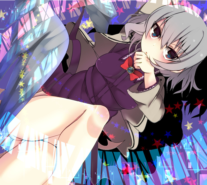 1girl, blush, bow, bowtie, crossed_legs, dress, dutch_angle, hiiragi_ken