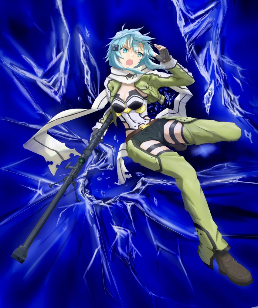 1girl, anti-materiel_rifle, bipod, black_gloves, black_shorts, blue_eyes, blue_hair, breasts, cleavage, fingerless_gloves, gloves, green_jacket, green_legwear, gun, highres, holding, holding_gun, holding_weapon, jacket, no-ppo, open_clothes, open_jacket, open_mouth, pgm_hecate_ii, rifle, scope, shinon_(sao), short_shorts, shorts, sniper_rifle, solo, sword_art_online, weapon