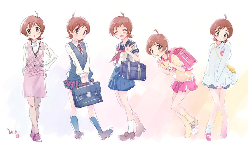 1girl, backpack, bag, brown_hair, formal, green_eyes, idolmaster, idolmaster_million_live!