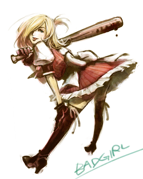 bad_girl, baseball_bat, blonde_hair, blue_eyes, boots, green_eyes, long_hair, mikeneko_ringo, no_more_heroes, skirt, solo, thighhighs, tongue, uroko_(mnr)