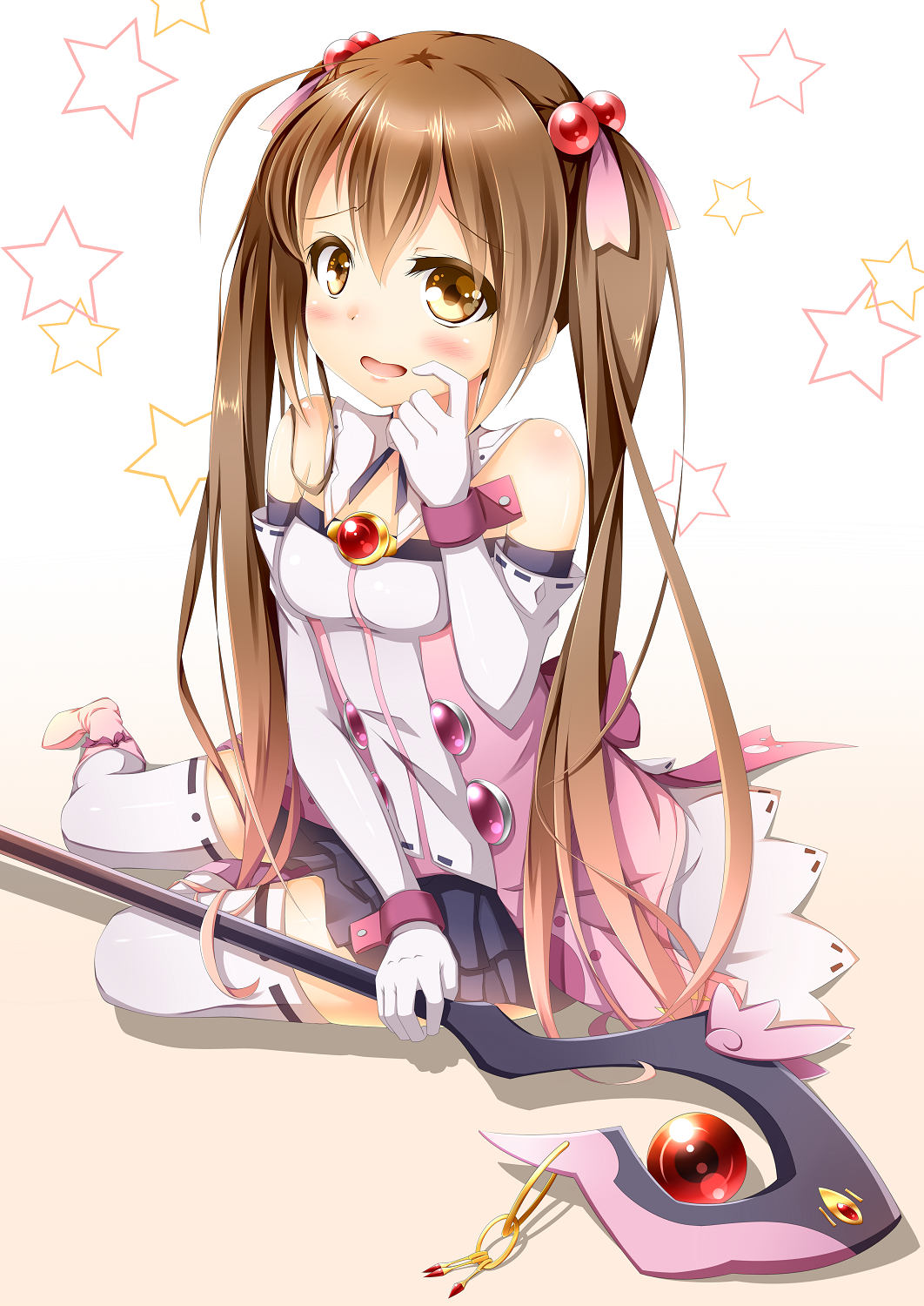 1girl, akira_irodori, black_skirt, breasts, brown_eyes, brown_hair, elbow_gloves, frilled_skirt