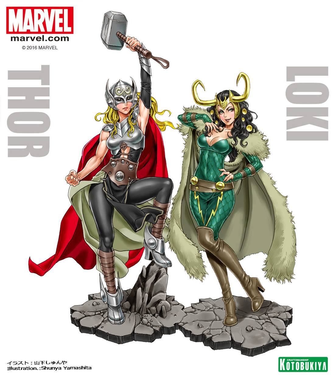 2girls, armor, belt, black_hair, blonde_hair, breasts, cape, full_body, fur, genderswap, genderswap_(mtf), green_eyes, hammer, helmet, highres, horns, loki_(marvel), long_hair, marvel, mjolnir, multiple_girls, shoes, simple_background, smile, thor_(marvel), white_background, yamashita_shun'ya