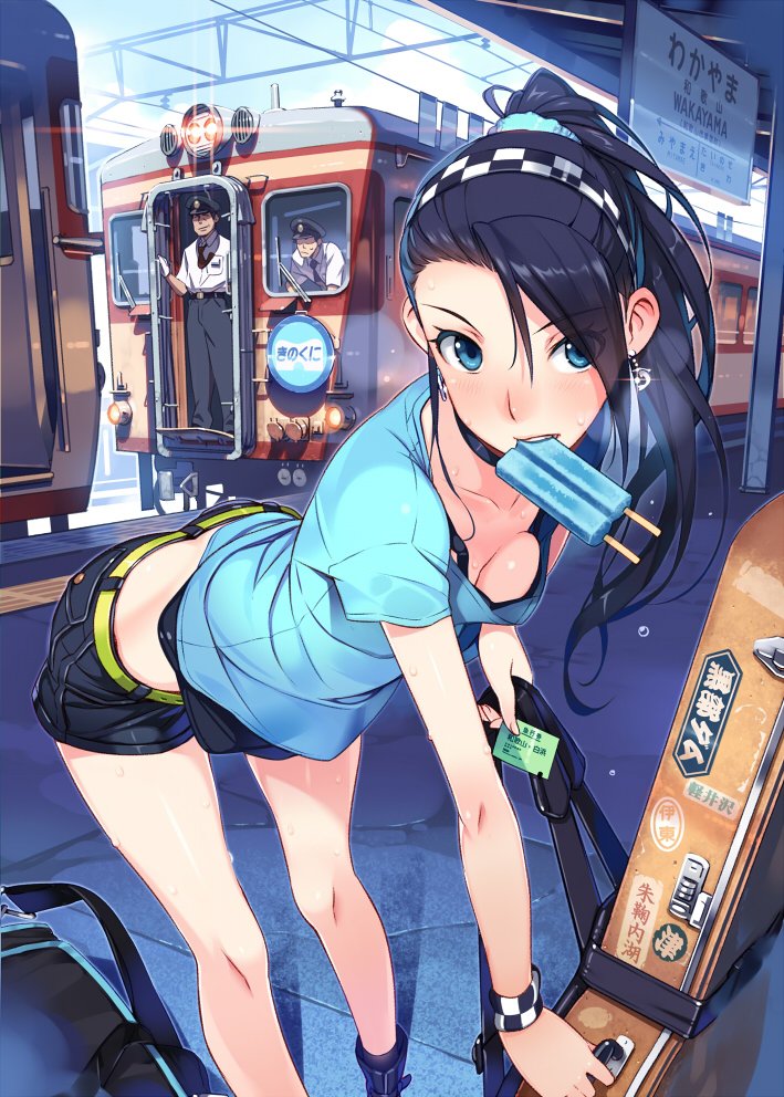 1girl, 2boys, bag, bent_over, black_hair, blue_eyes, bra, character_request