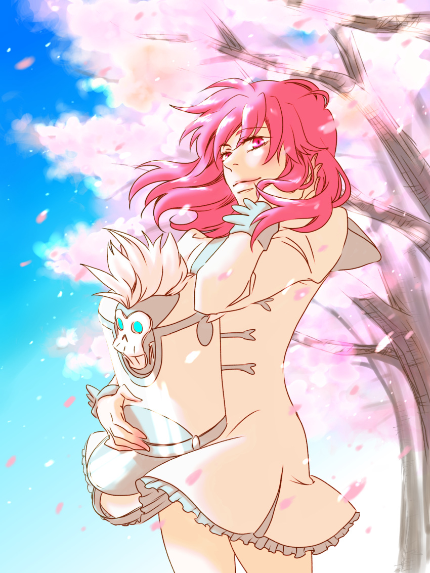 1girl, cherry_blossoms, dress, hat, hat_removed, headwear_removed, highres, jakuzure_nonon