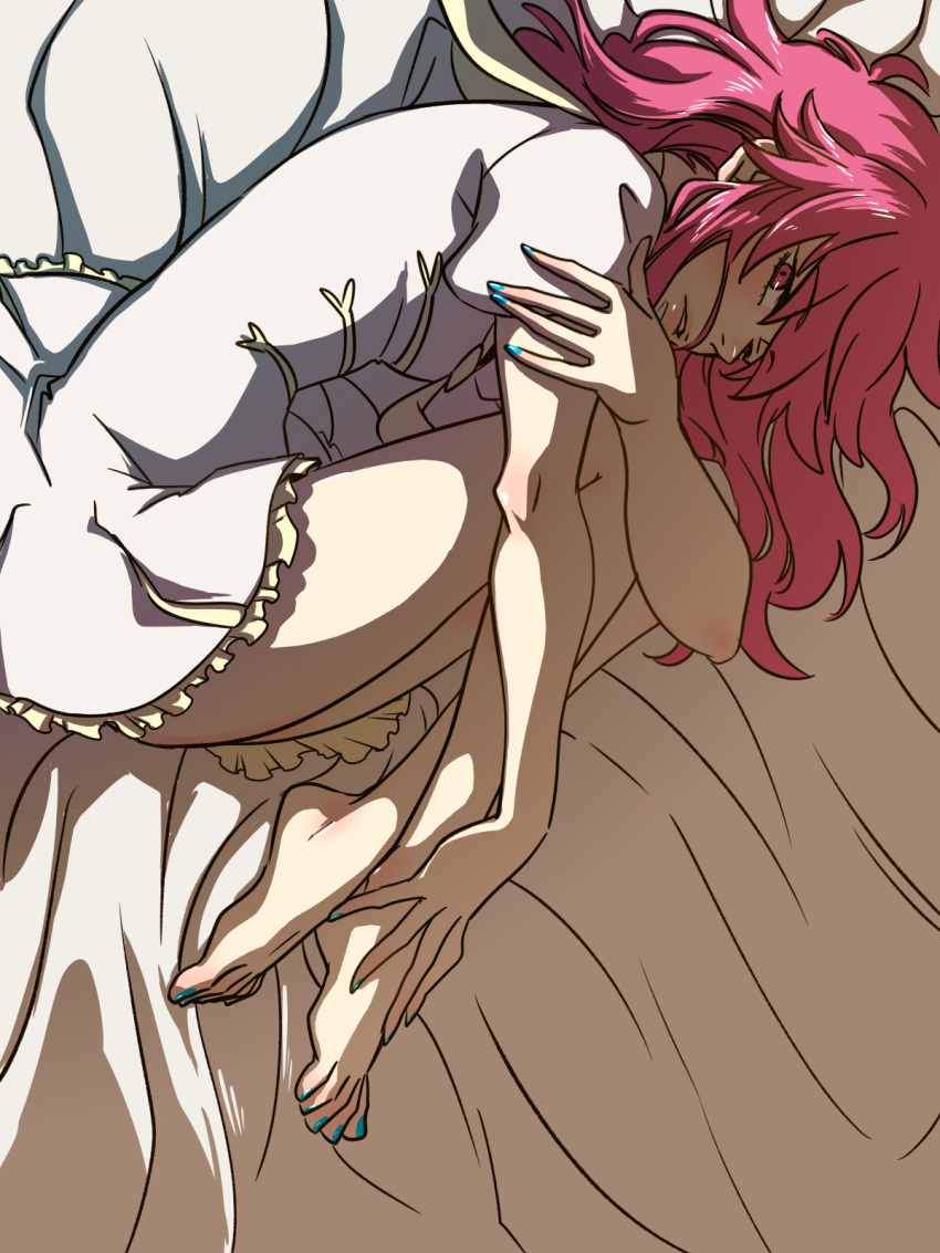 1girl, barefoot, fetal_position, highres, jakuzure_nonon, kill_la_kill, long_hair, looking_at_viewer, lying, nail_polish, on_side, parted_lips, pink_eyes, pink_hair, solo, toenail_polish, uri_(20130828)