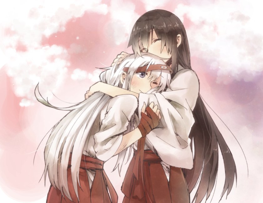 2girls, akagi_(kantai_collection), brown_hair, green_eyes, hairband, hug, japanese_clothes, kantai_collection