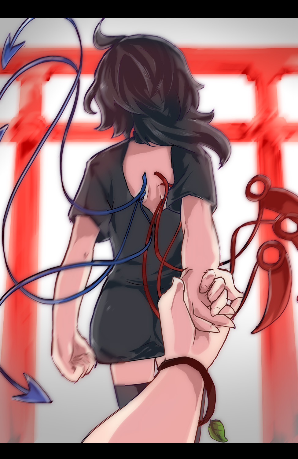 2girls, asymmetrical_wings, black_hair, black_legwear, bracelet, dress, female_pov, from_behind