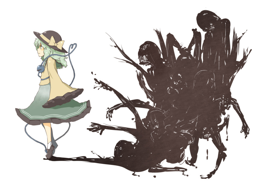 1girl, bow, commentary_request, different_shadow, eyeball, green_eyes, green_hair, green_skirt