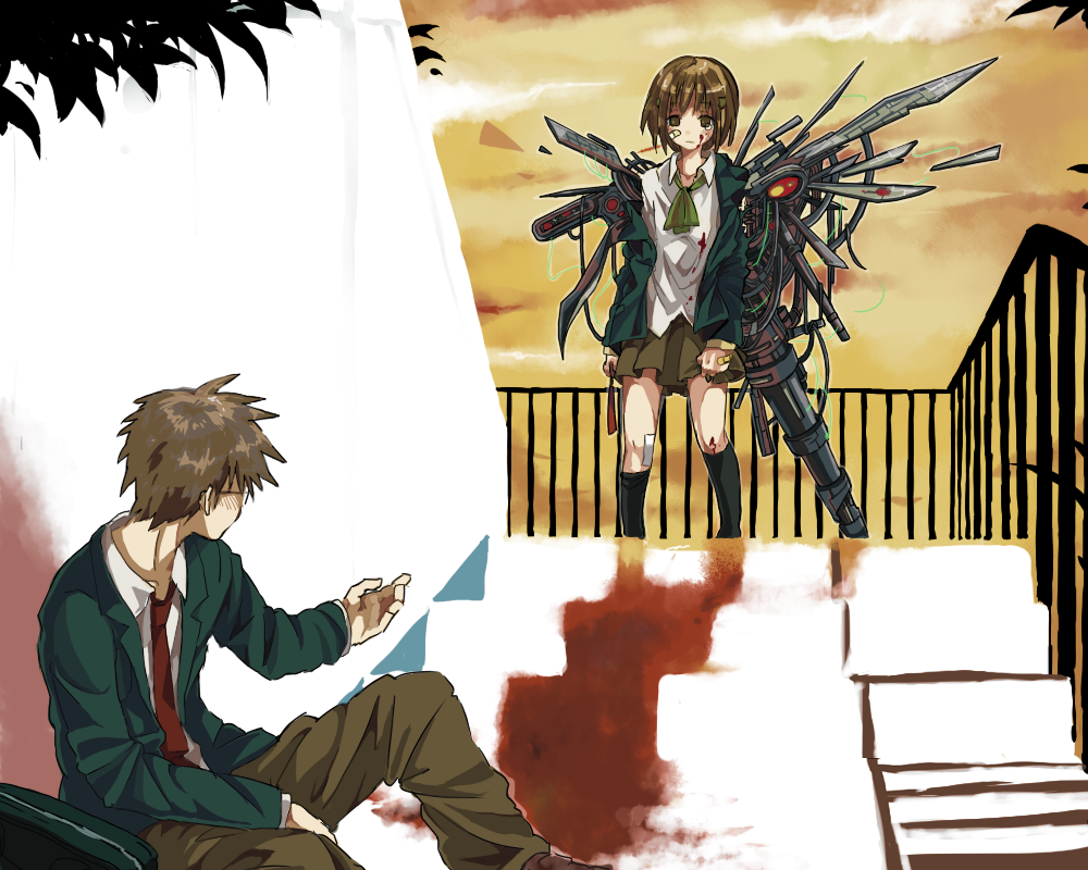 bandage, bandages, blood, brown_eyes, brown_hair, chise, chise_(saishuu_heiki_kanojo), glasses