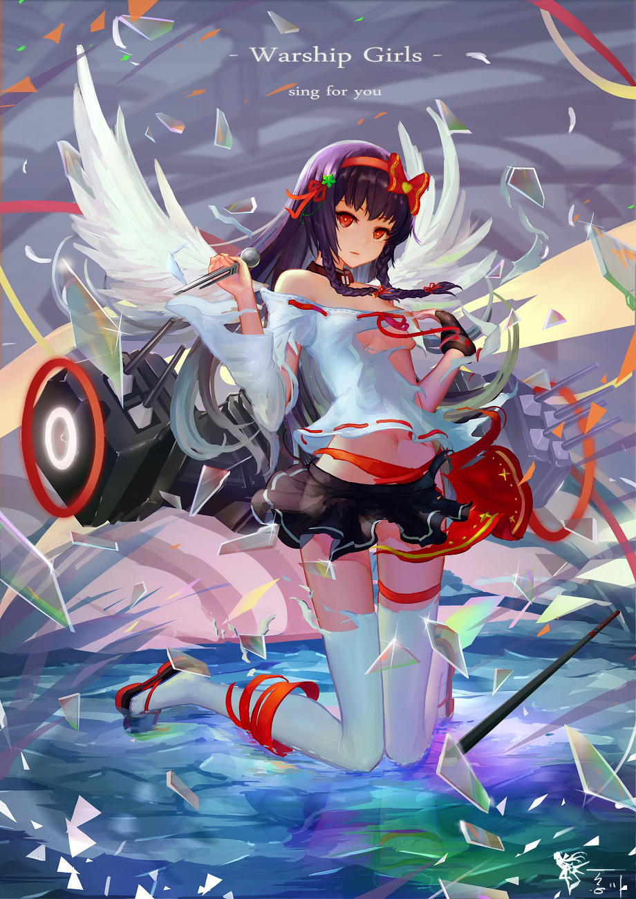 1girl, aoba_(zhan_jian_shao_nyu), black_hair, breasts, brown_eyes, hairband, highres, kneeling, long_hair, looking_at_viewer, solo, thigh-highs, torn_clothes, under_boob, wangchuan_de_quanyan, wings, zhan_jian_shao_nyu