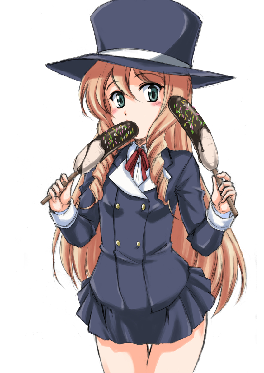 1girl, black_jacket, black_skirt, blazer, blonde_hair, blue_eyes, chocolate_banana, cowboy_shot