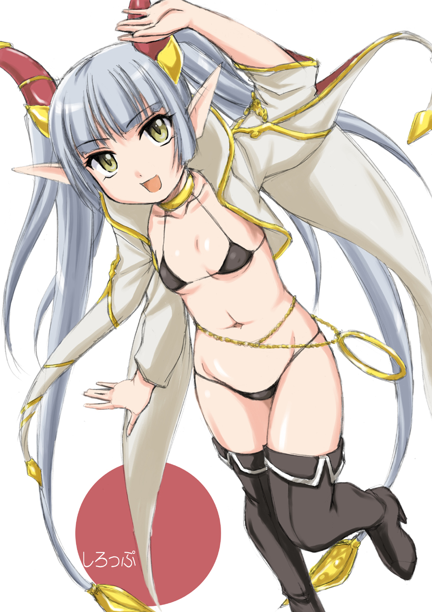 1girl, bikini, black_bikini, black_boots, blue_hair, boots, highres, horns