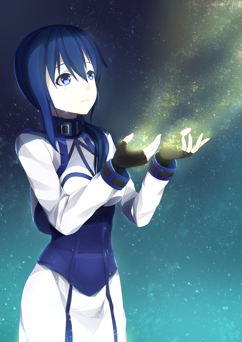 1girl, ashes, black_gloves, blue_eyes, blue_hair, breasts, crying, crying_with_eyes_open