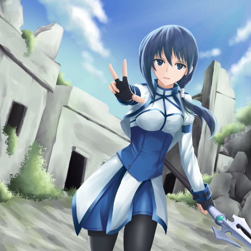 1girl, black_gloves, black_legwear, blue_eyes, blue_hair, fingerless_gloves, gloves, hai_to_gensou_no_grimgar