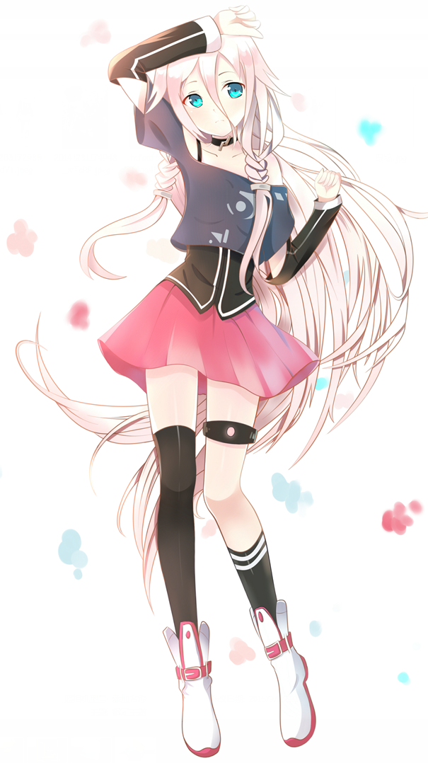 1girl, arm_up, asymmetrical_legwear, black_legwear, blue_eyes, detached_sleeves, guanghe_zuoyong_de_de_yezi, ia_(vocaloid)