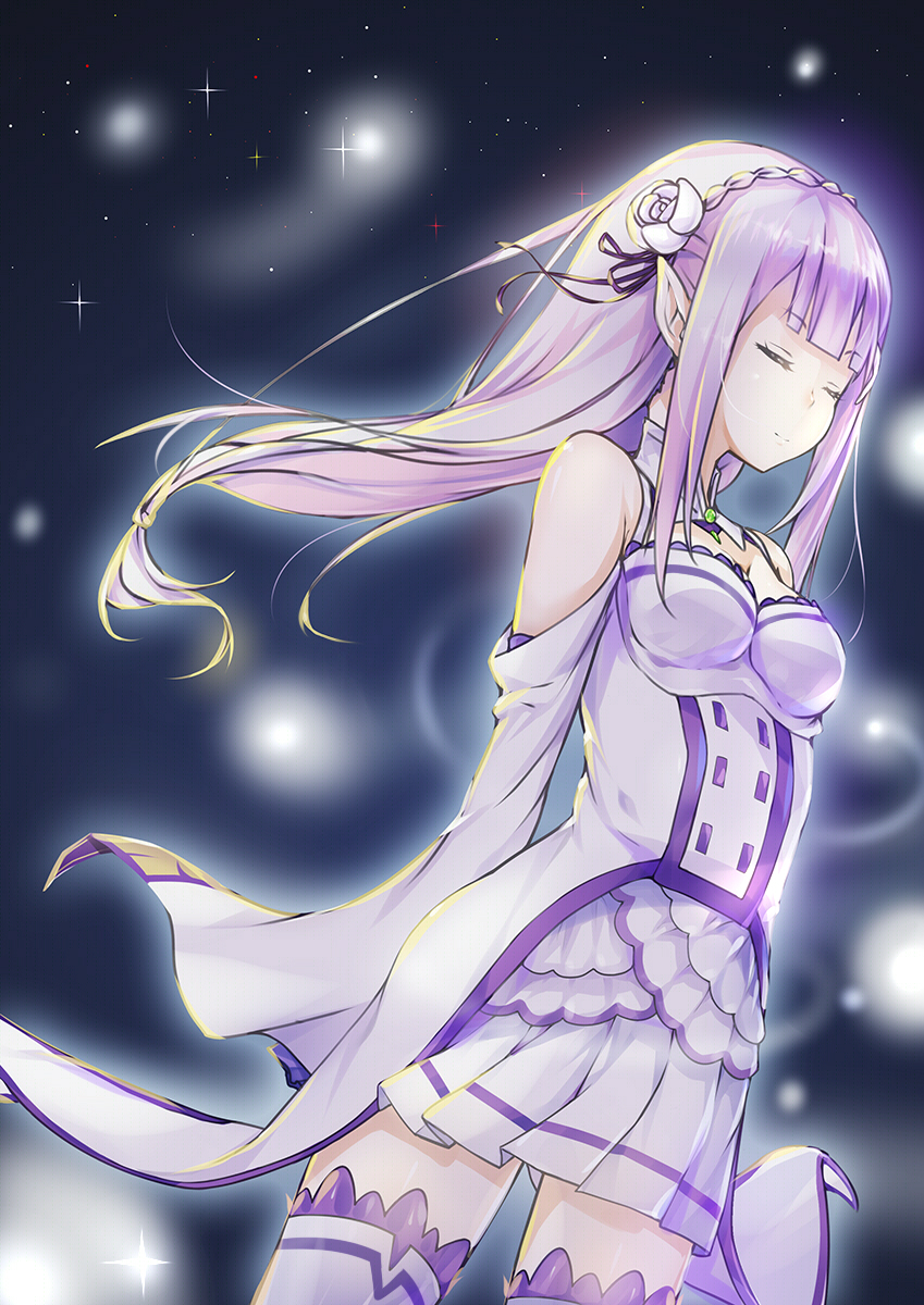 1girl, bangs, bare_shoulders, braid, closed_eyes, elf, emilia_(re:zero), flower