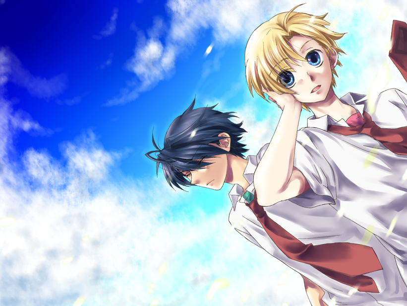 blonde_hair, blue_eyes, blue_hair, clannad, dutch_angle, ikuhashi_muiko, male, multiple_boys