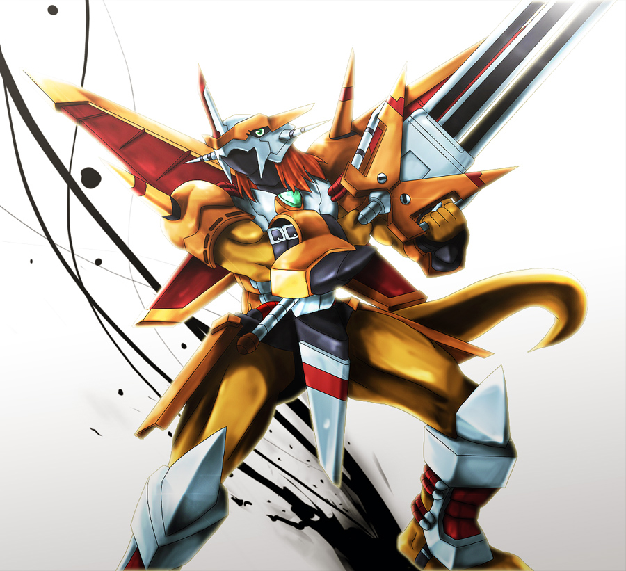 armor, artificial_wings, belt, digimon, dragon, gem, gold_armor, green_eyes