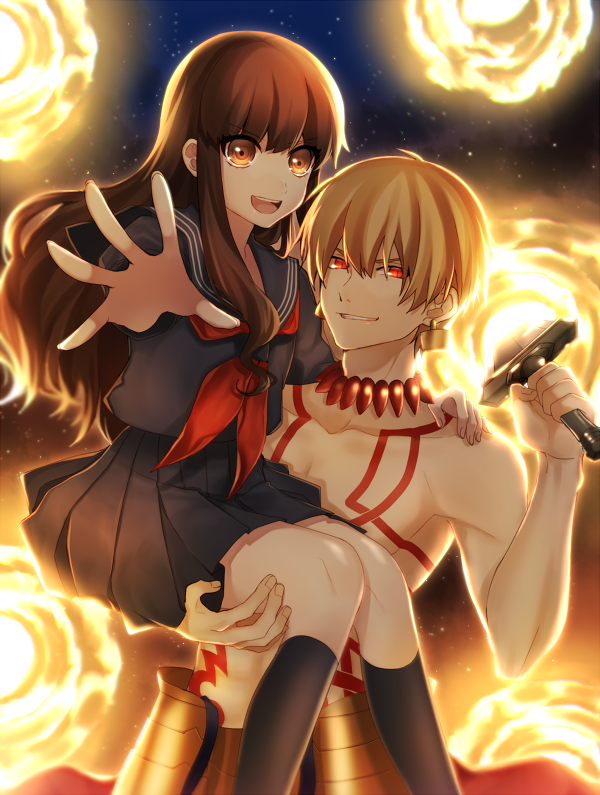>:d, 1boy, 1girl, :d, armor, black_legwear, black_serafuku, blonde_hair