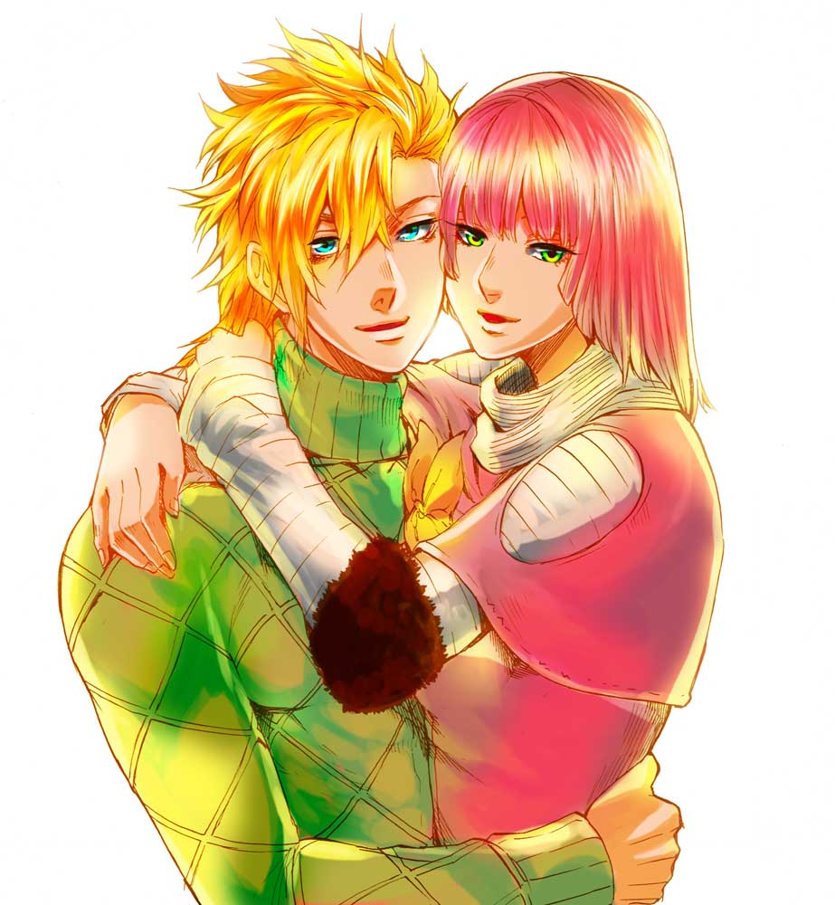 1boy, 1girl, ankomochi, aqua_eyes, arm_around_neck, bangs, blonde_hair, diego_brando
