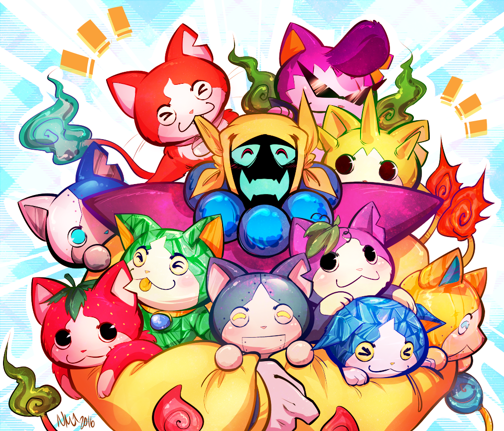 >_<, 2016, 6+boys, :3, benkei_(youkai_watch), black_eyes, blue_eyes, budounyan