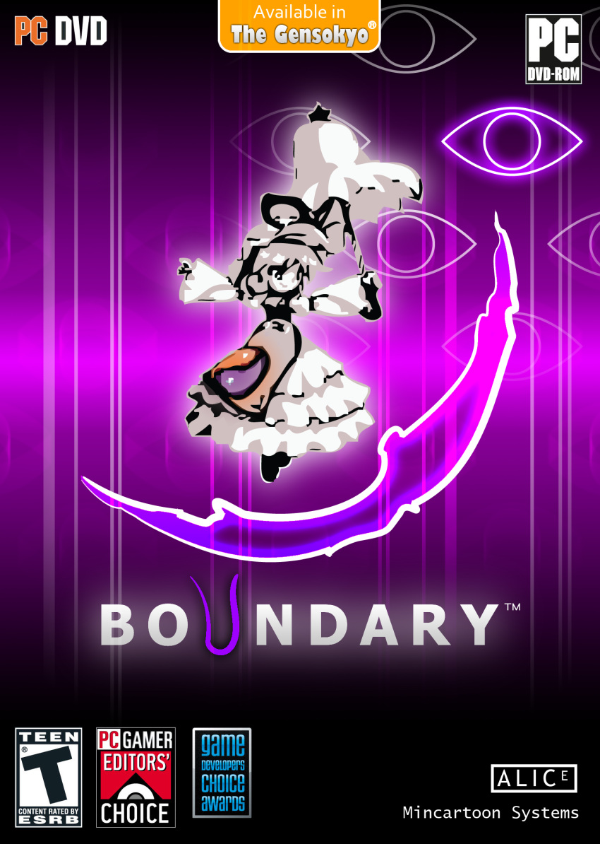 1girl, crossover, dress, eyes, frilled_dress, game_cover, gap, looking_down, parody, portal, portal_(series), poster, purple_theme, schema, touhou, umbrella, valve_software, yakumo_yukari, youkai