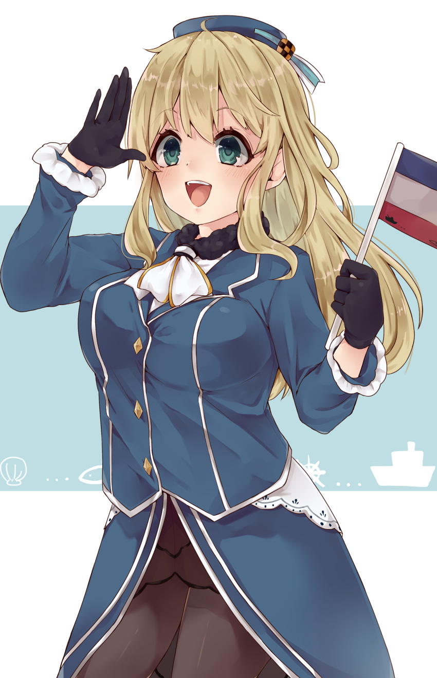 1girl, :d, absurdres, atago_(kantai_collection), beret, black_gloves, blonde_hair, breasts
