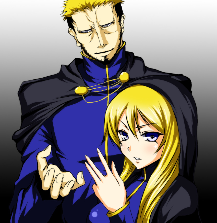blonde_hair, blue_eyes, cape, genderswap, goeniko, goenitz, highres, hood
