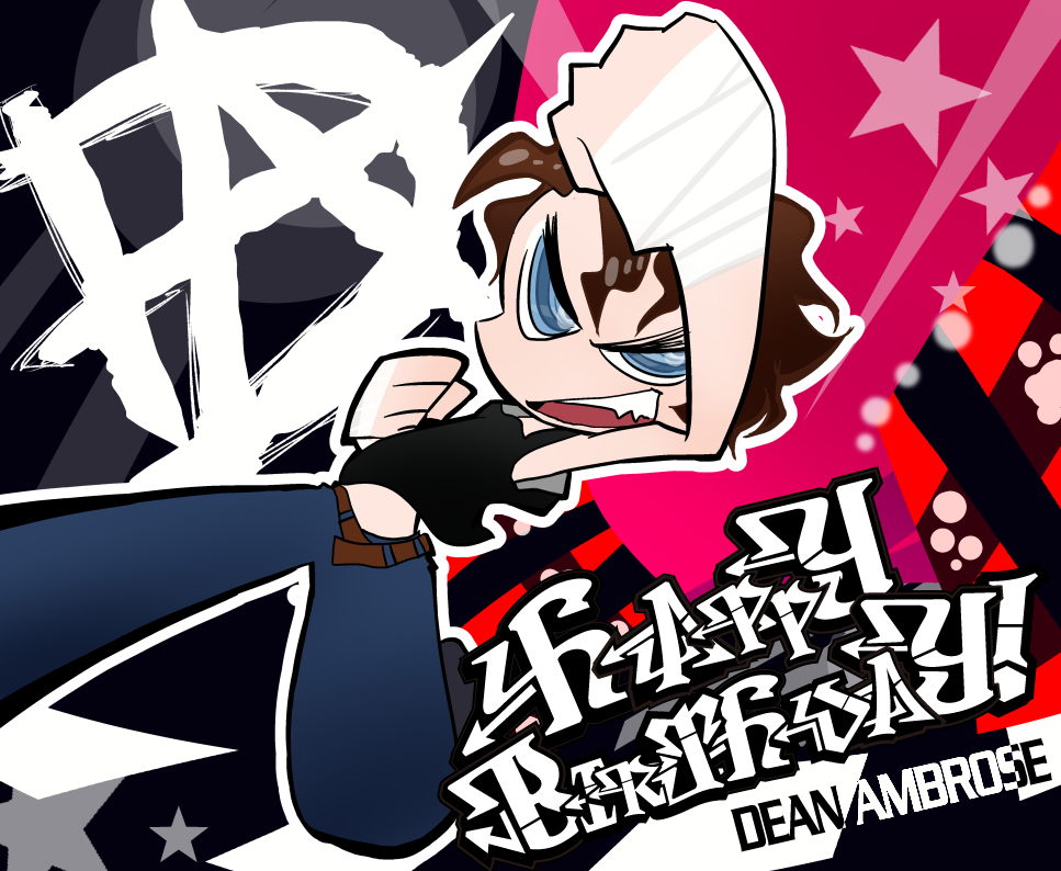 1boy, bandages, belt, blue_eyes, brown_hair, chibi, dean_ambrose, english, fangs, happy_birthday, male_focus, open_mouth, pants, panty_&amp;_stocking_with_garterbelt, parody, punching, shirt, sleeveless, sleeveless_shirt, solo, style_parody, wwe, yuzuko_(yuzuko0921)