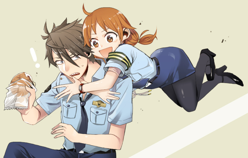 !, 1boy, 1girl, akuno_hideo, anpan, blue_eyes, blue_necktie, brown_eyes