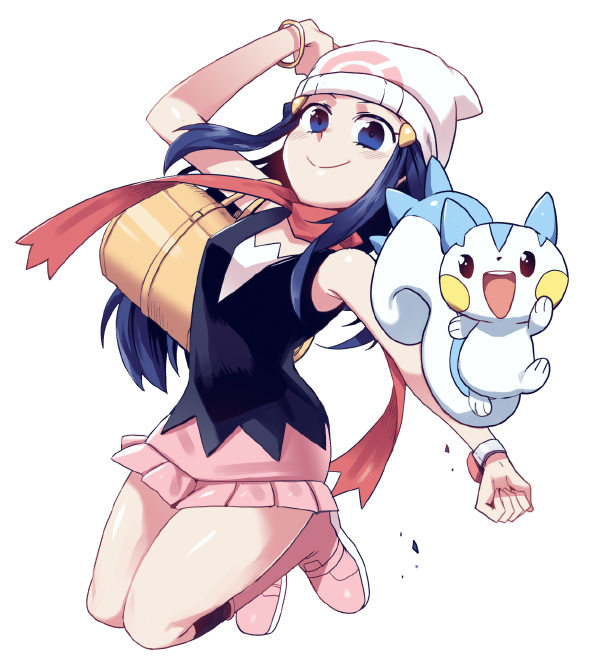 1girl, bag, beanie, black_legwear, blue_eyes, blue_hair, boots, bracelet