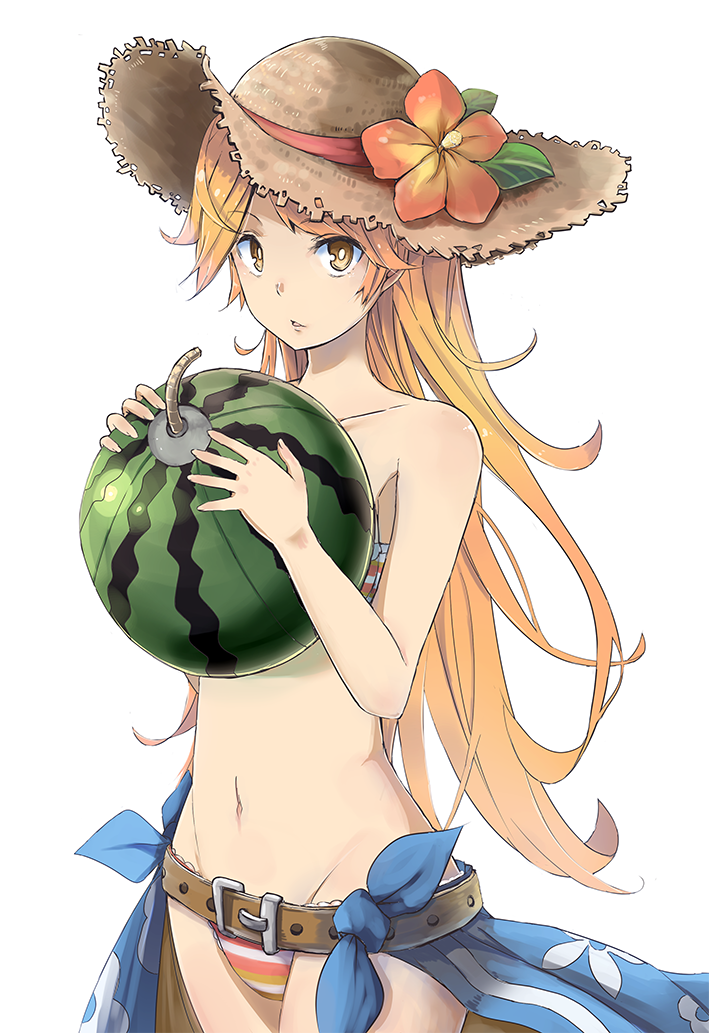 1girl, am, belt, bikini, breasts, brown_eyes, collarbone, flower, food, fruit, granblue_fantasy, hat, hat_flower, holding, holding_fruit, long_hair, looking_at_viewer, mary_(granblue_fantasy), midriff, navel, off_shoulder, orange_hair, parted_lips, sarong, solo, straw_hat, striped, striped_bikini, swimsuit, watermelon