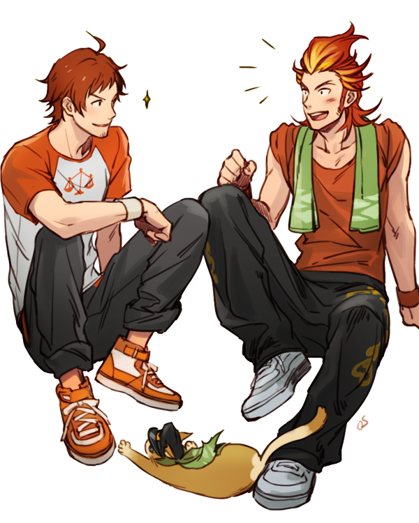 2boys, akai_suzaku, blush, facial_hair, hat, idolmaster, idolmaster_side-m, iwa_(iwa000ima)